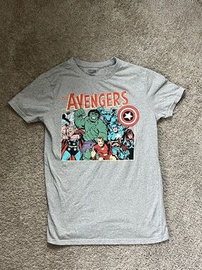 Marvel Avengers Panel Tee - Gray with Red, Green, Blue Print